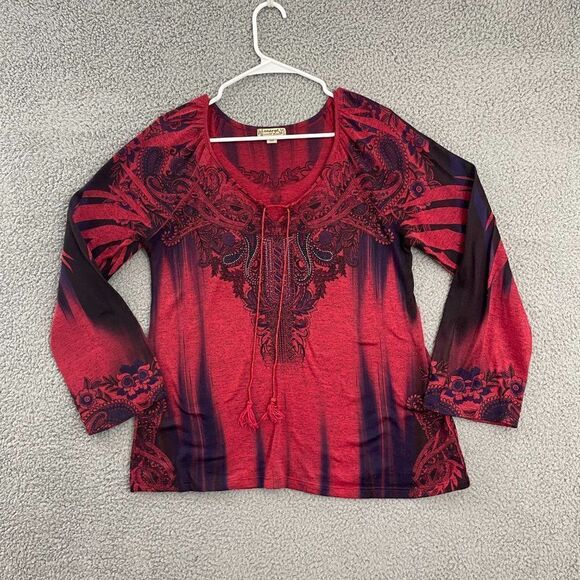 Energe World‎ Wears Women M Red Purple Boho Tunic Blouse - Picture 1 of 10